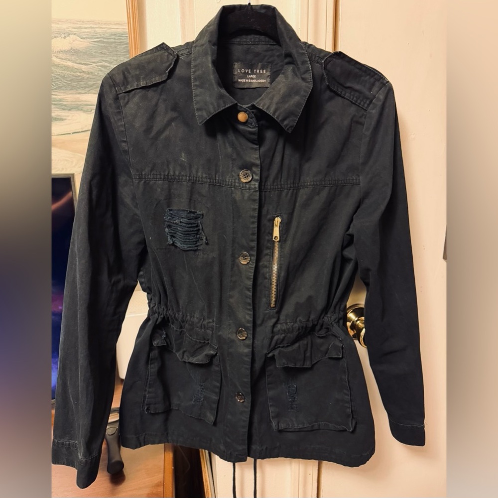 Love Tree Black Utility Jacket with Zip Pocket & Drawstring